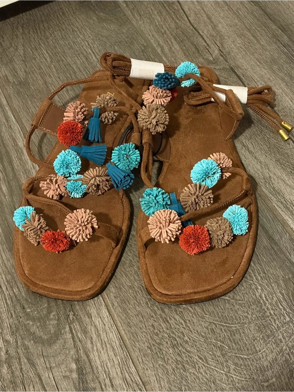 Zara Brown Pom-Pom Ankle Tie Sandals 39 - Picture 6 of 7